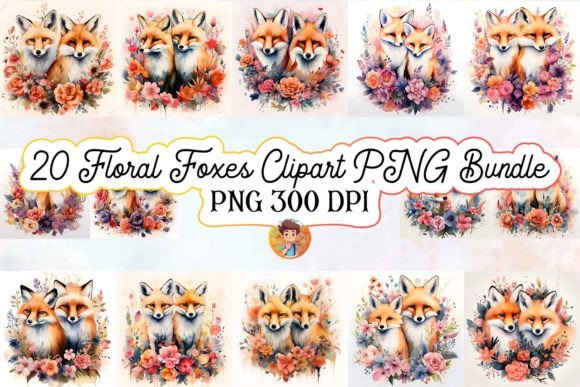 Download 15 Floral Foxes Clipart JPG Bundle - Floral Collection