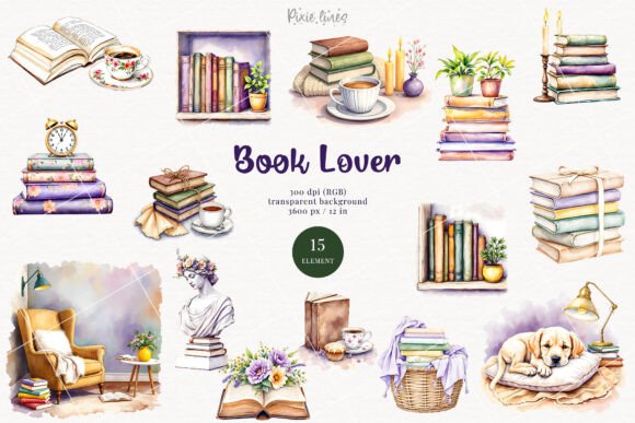 Download Watercolor Book Lover Elements, Bookworm - Book Collection