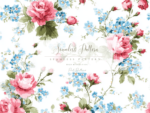 Download Vintage Pink Roses and Blue Forget-Me-Not Seamless Floral Pattern PNG - Floral Collection